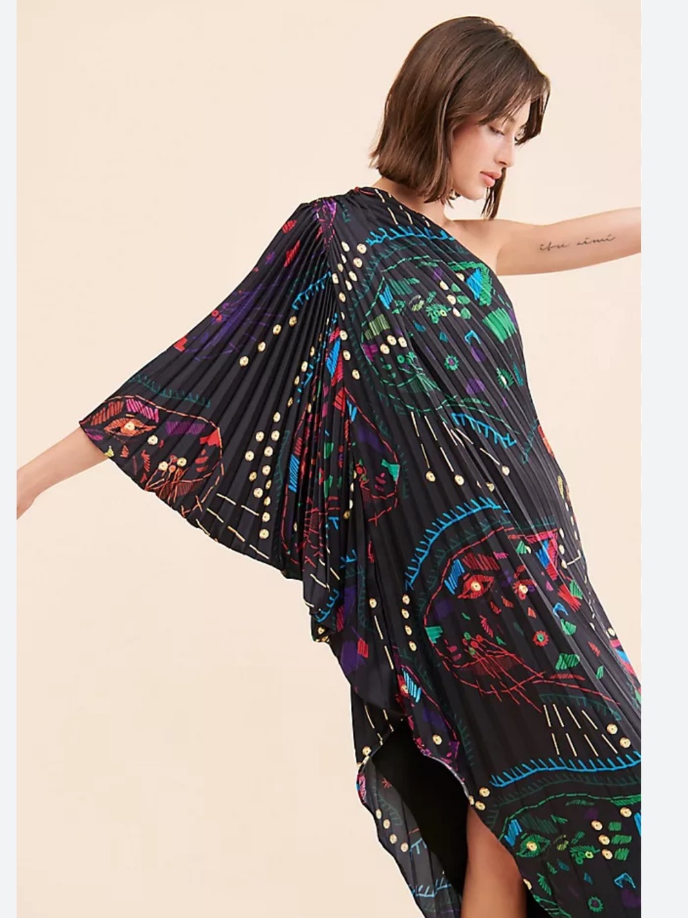 HUTCH One-Shoulder Pleated Maxi Dress in Black with Colorful Abstract Print
